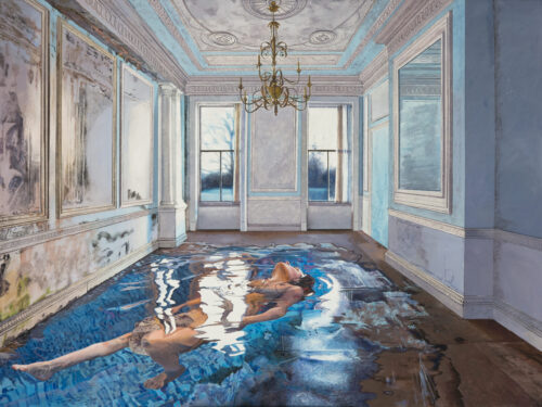 Under the peeling ceiling